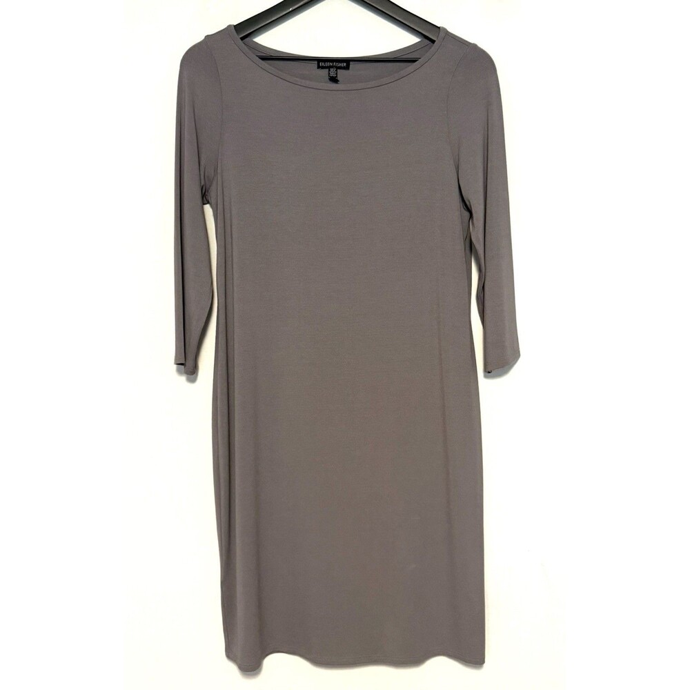 Eileen Fisher Stretch Jersey Knit Jewel Neck Dress Sz S Gray Minimalist Capsule